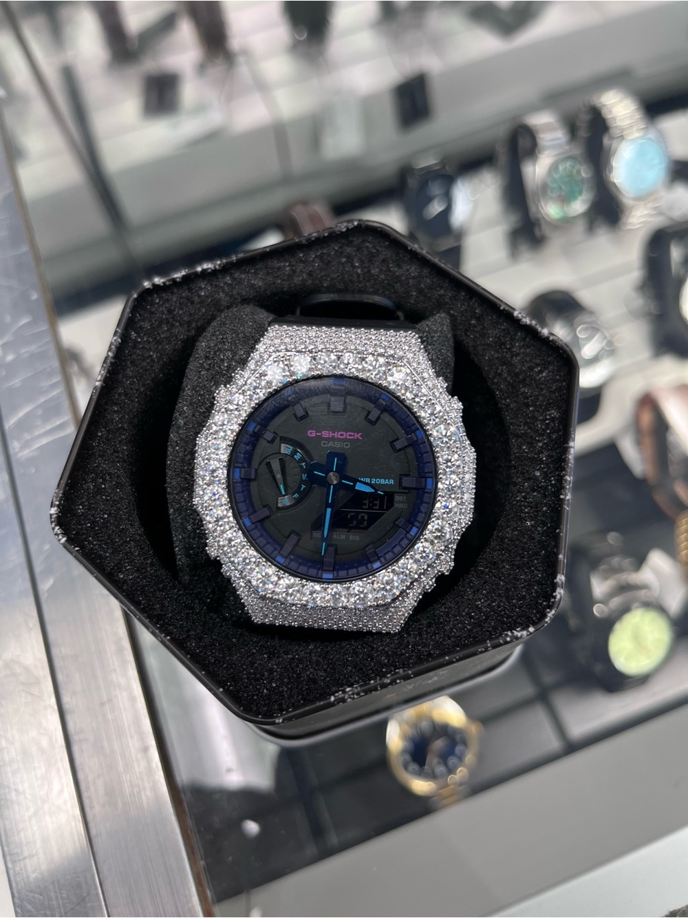 G-Shock Men's Black Dial Watch with Silver Crystal Bezel and Blue Accents
